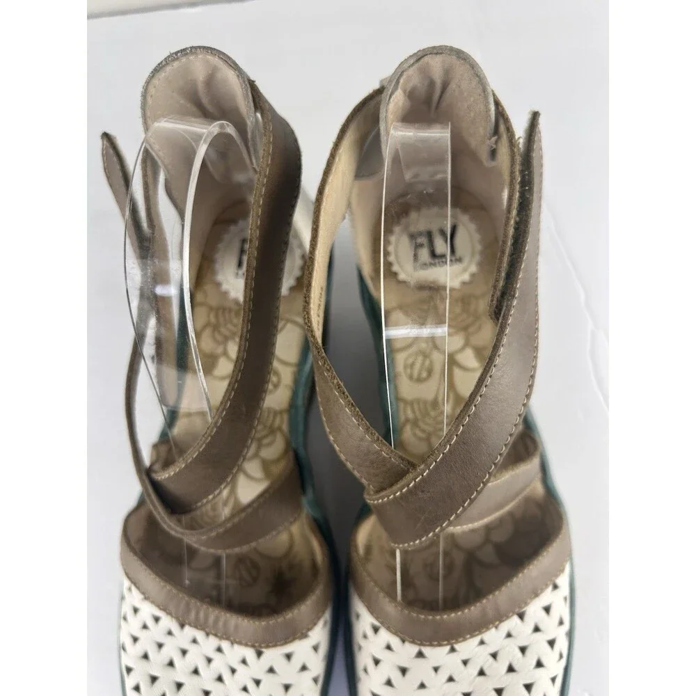 Fly London W EU 41 YUMO White Leather Brown Green Trim Wedge Sandals US 10-10.5